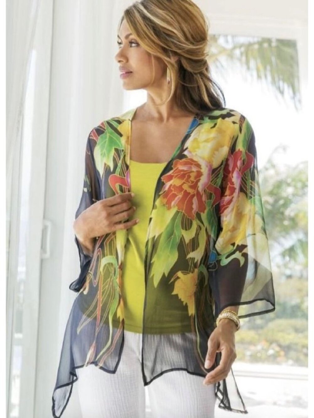 Soft Surroundings Silk Floral Kimono Size Small Medium Sheer Flowy Cardigan Boho